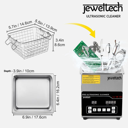 Jeweltech ultrasonic cleaner with dimensions and features displayed