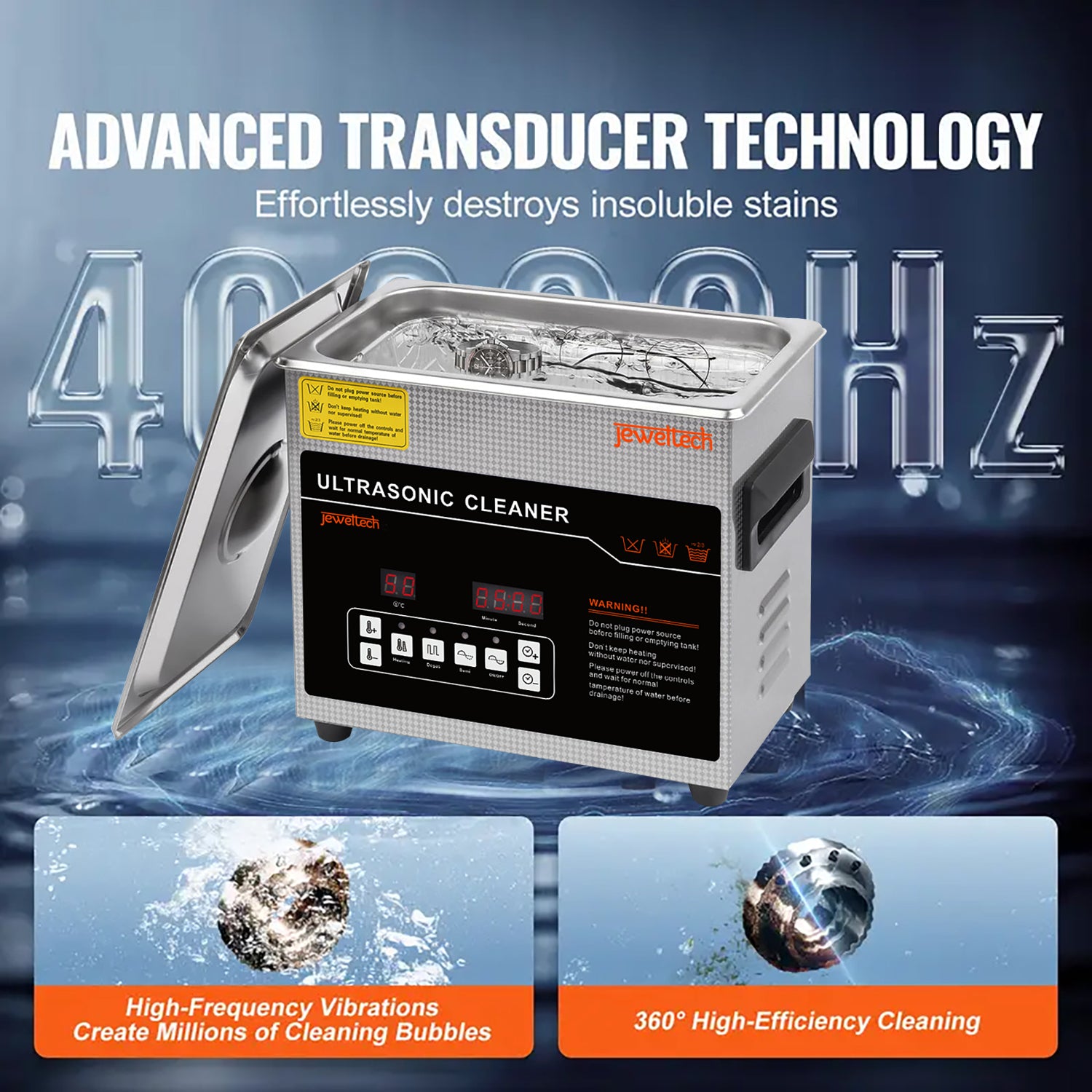 Ultrasonic cleaner with text highlighting advanced transducer technology and cleaning capabilities.