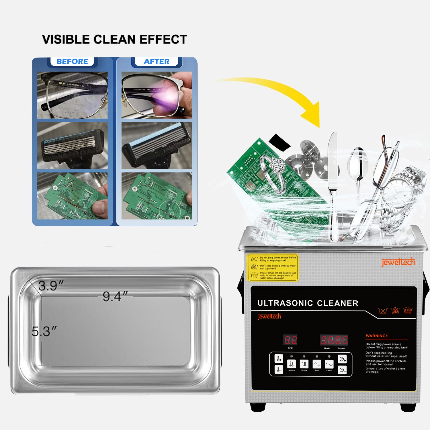 Ultrasonic cleaner with before and after effects on electronic components and dimensions displayed.