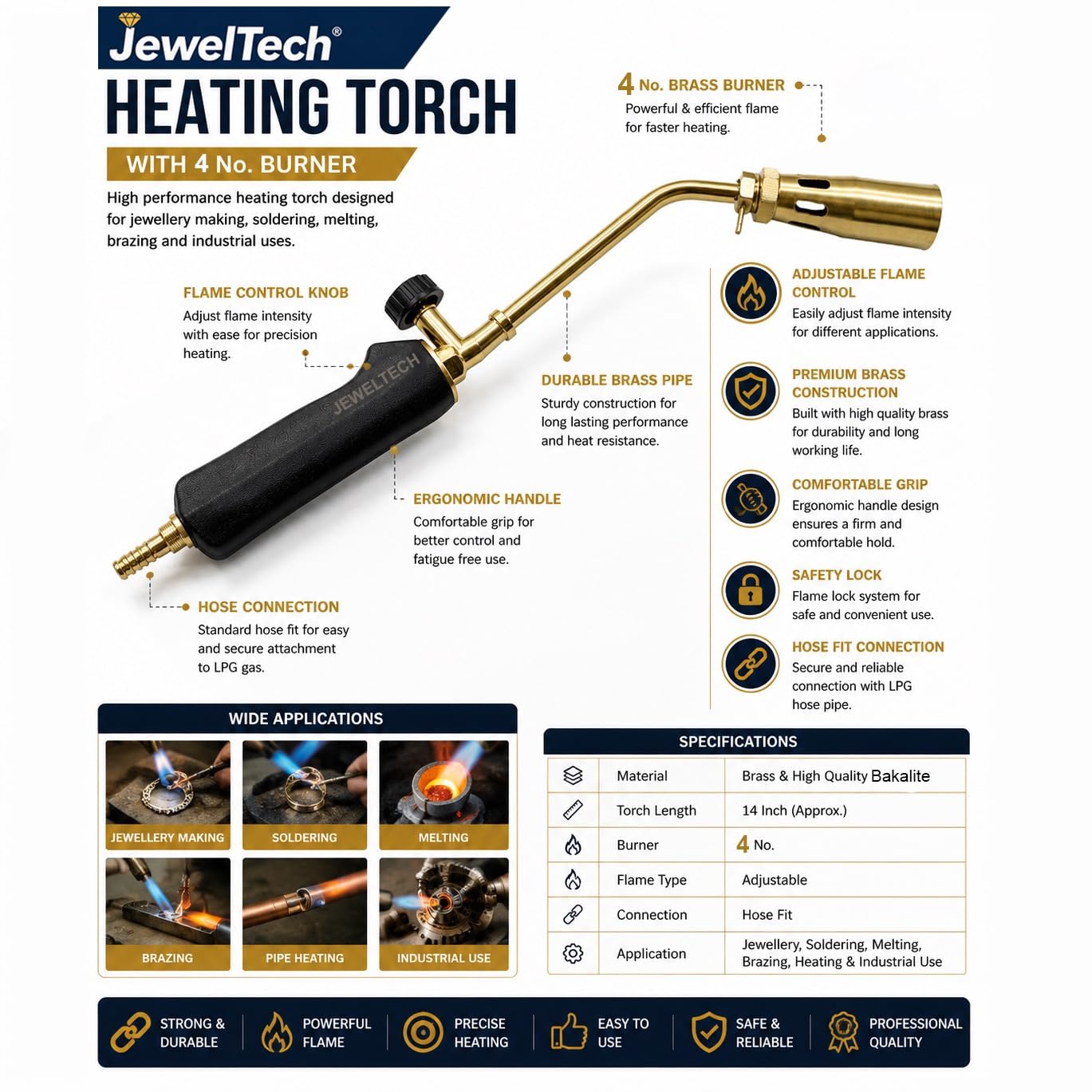 JEWELTECH 30cm Long Nozzle LPG Torch Gun 4 No. Brass Burner with Flat Handle for Jewellery Heating, Gold & Silver Melting, Soldering & Metal Work
