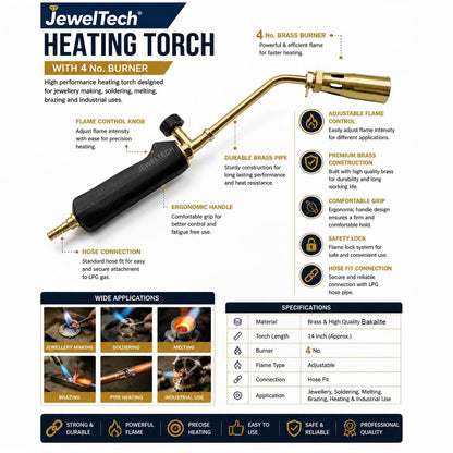 JEWELTECH 30cm Long Nozzle LPG Torch Gun 4 No. Brass Burner with Flat Handle for Jewellery Heating, Gold & Silver Melting, Soldering & Metal Work