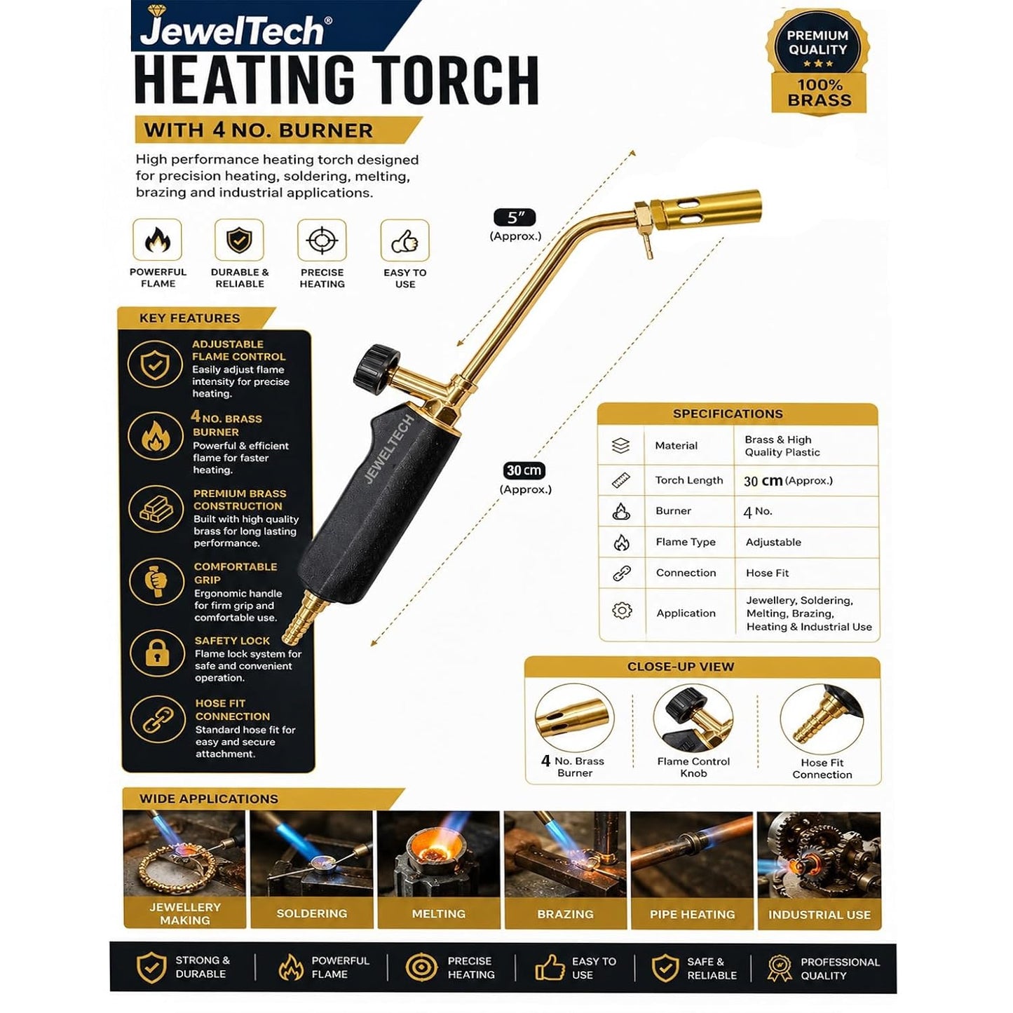 JEWELTECH 30cm Long Nozzle LPG Torch Gun 4 No. Brass Burner with Flat Handle for Jewellery Heating, Gold & Silver Melting, Soldering & Metal Work