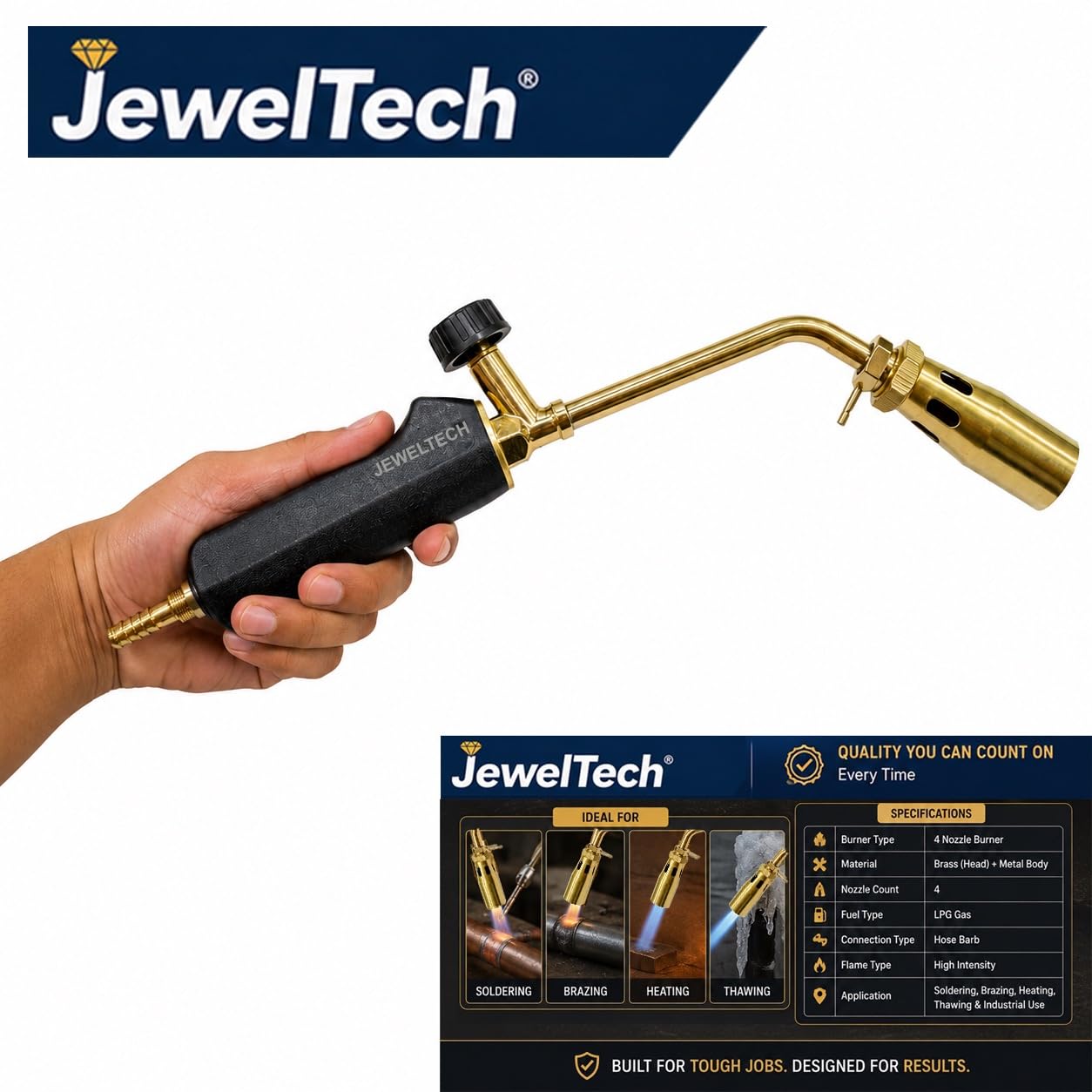 JEWELTECH 30cm Long Nozzle LPG Torch Gun 4 No. Brass Burner with Flat Handle for Jewellery Heating, Gold & Silver Melting, Soldering & Metal Work