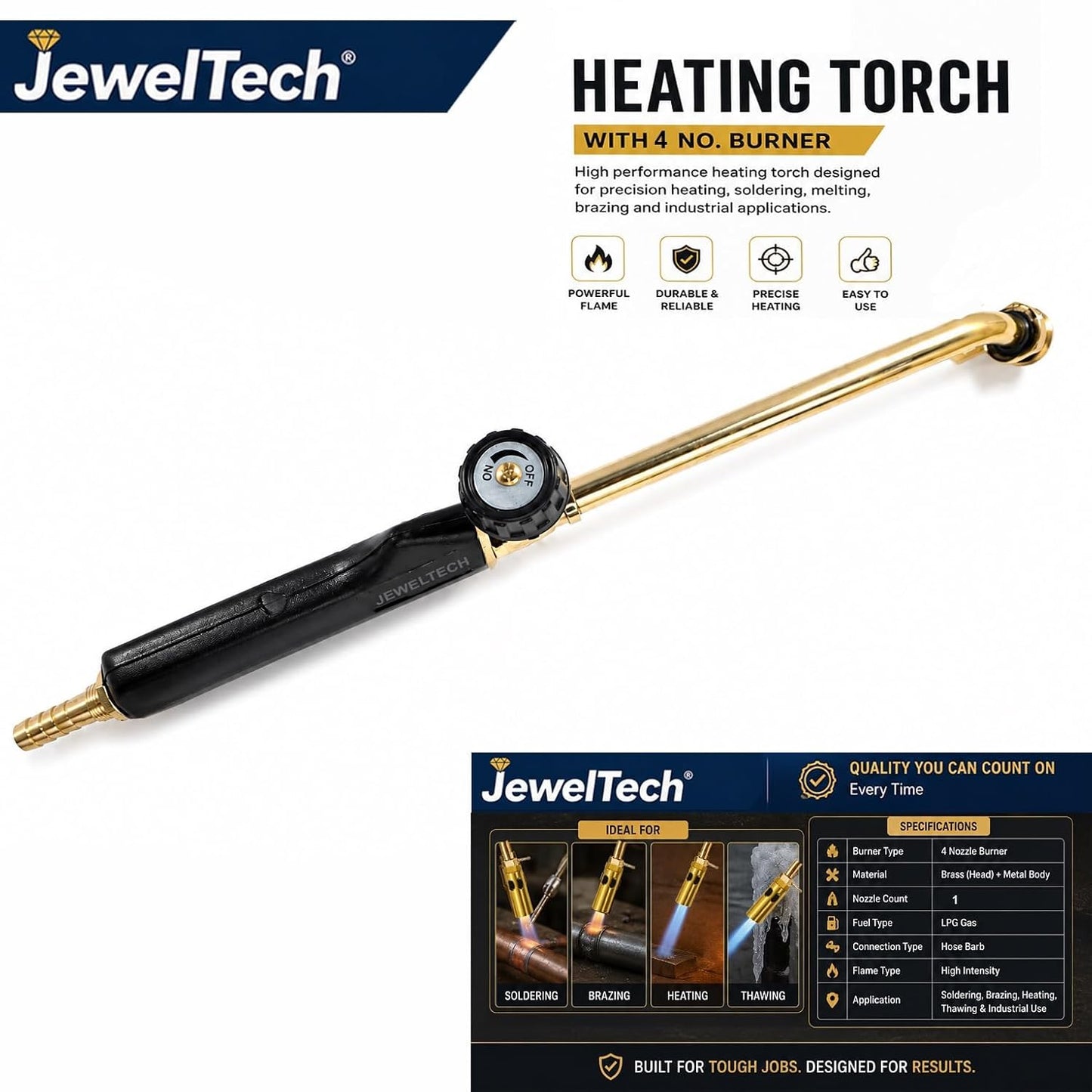 JEWELTECH 30cm Long Nozzle LPG Torch Gun 4 No. Brass Burner with Flat Handle for Jewellery Heating, Gold & Silver Melting, Soldering & Metal Work