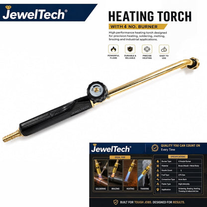 JEWELTECH 30cm Long Nozzle LPG Torch Gun 4 No. Brass Burner with Flat Handle for Jewellery Heating, Gold & Silver Melting, Soldering & Metal Work