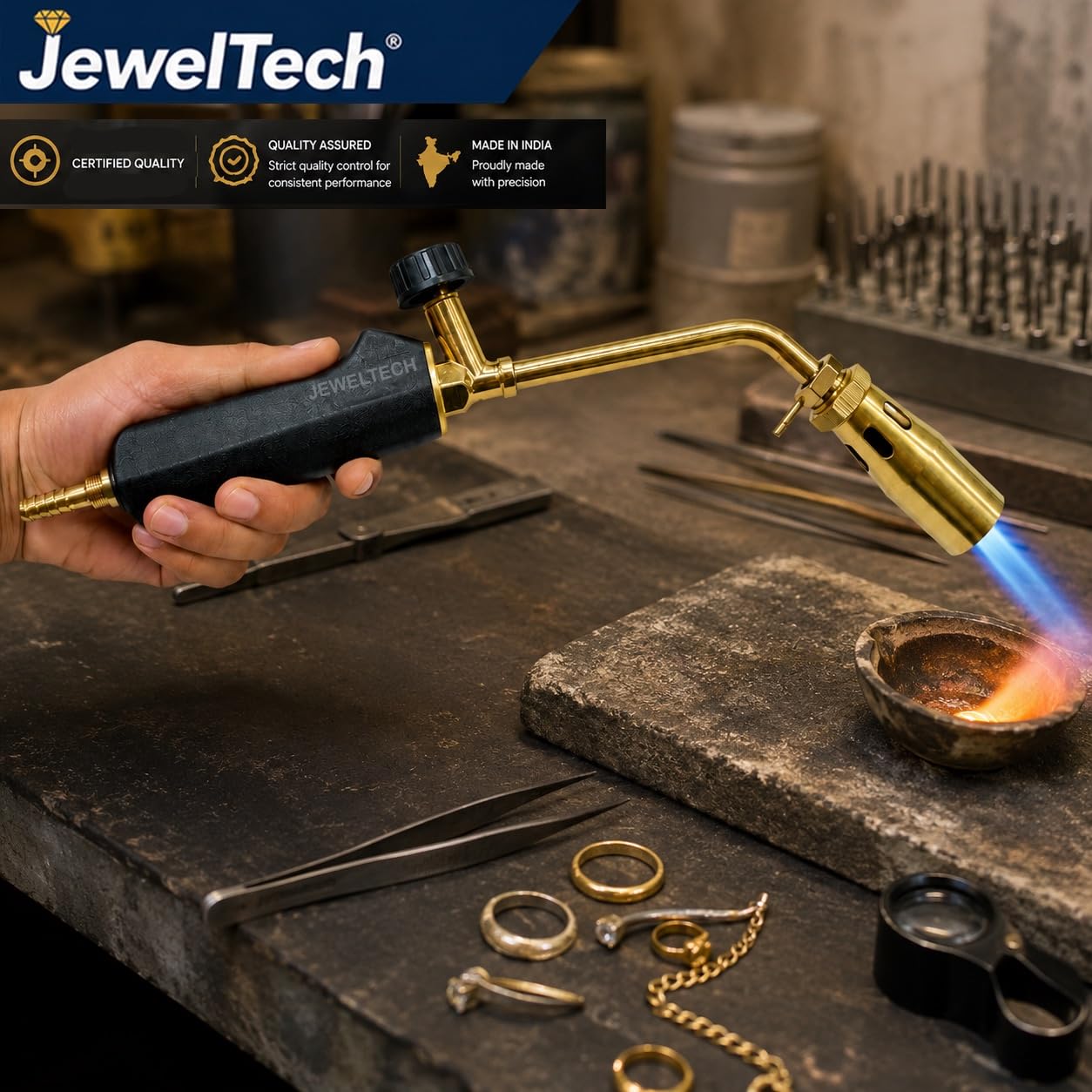JEWELTECH 30cm Long Nozzle LPG Torch Gun 4 No. Brass Burner with Flat Handle for Jewellery Heating, Gold & Silver Melting, Soldering & Metal Work