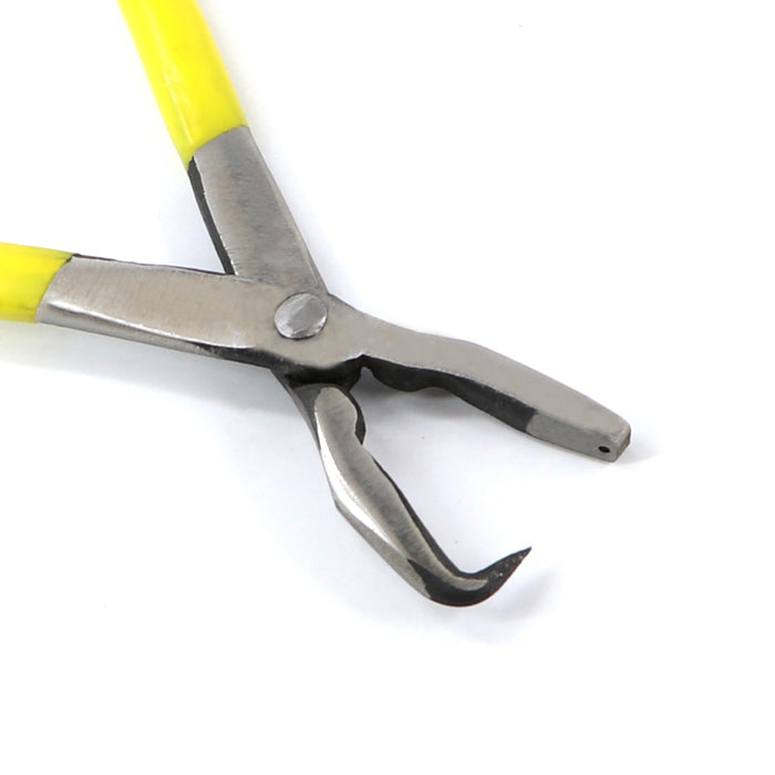 Jewelry making pliers with bent nose and yellow handle, precision tool for holding and shaping wire or components