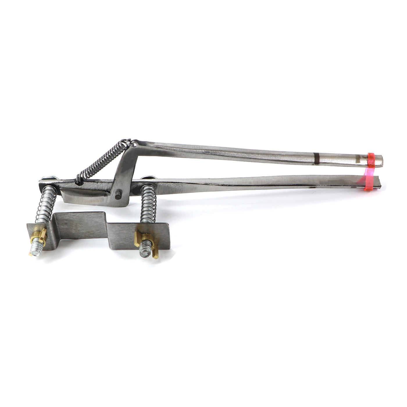 Metallic tool with springs and components on a white background