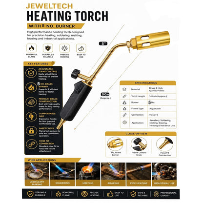 JEWELTECH LPG Torch Gun 30 cm Long Nozzle with 5no. Burner Brass Burner Heating Torch for Soldering, Jewellery Work, Metal Repair, Pipe Heating & DIY Applications