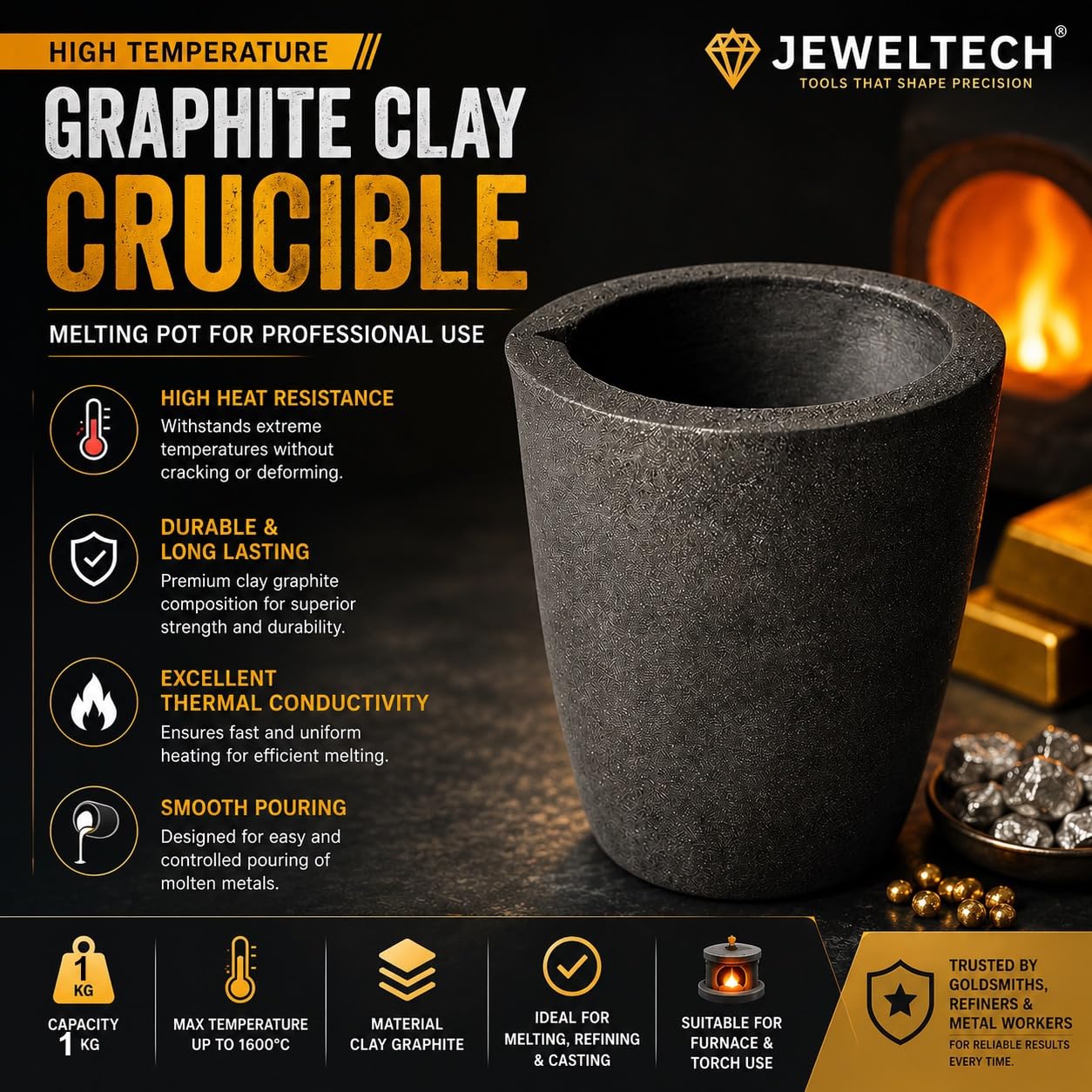 Graphite Crucible A1-High Temperature Casting, Refining, Melting of Gold, Silver & Metals for Goldsmith, Metallurgy, Foundry, Bullion, Refinery, Metalsmith, Model Making