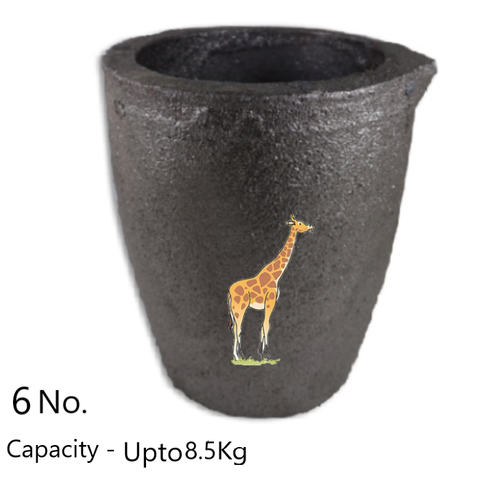 6 No. graphite crucible with giraffe design for melting gold, silver, brass up to 8.5kg in coal or gas furnace.