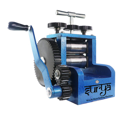 Surya 4 inch Rolling Mill for Sheet and Wire, Manual Tar Patti Roller for Jewelry, WPS Roller Jewelry Sheet Machine, Surya Rolling Machine Side View, Top View of Surya Sheet Wire Roller


