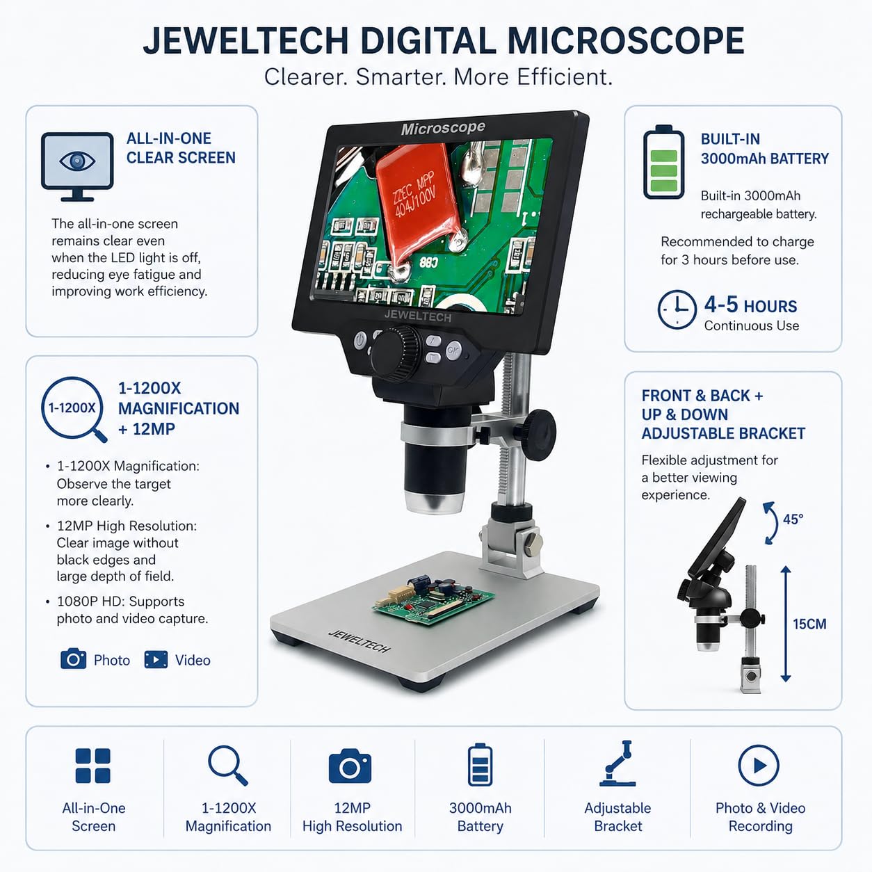 Jeweltech Digital Microscope 1-1200X Magnification with 7 Inch LCD Screen & 12MP Camera | 1080P HD Electronic Microscope for PCB Inspection, Soldering, Coins, Jewellery & Biological Observation