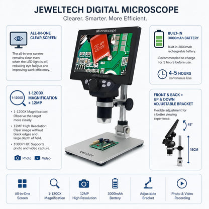 Jeweltech Digital Microscope 1-1200X Magnification with 7 Inch LCD Screen & 12MP Camera | 1080P HD Electronic Microscope for PCB Inspection, Soldering, Coins, Jewellery & Biological Observation