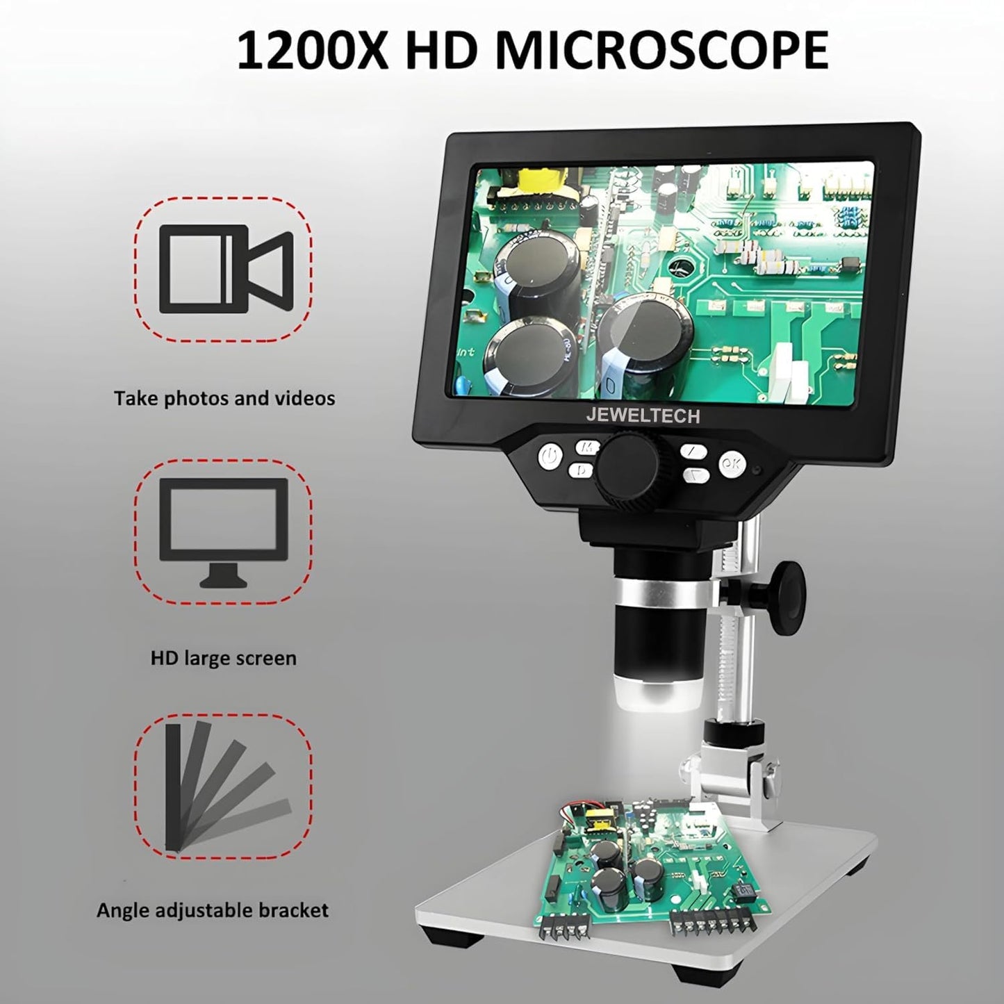 Jeweltech Digital Microscope 1-1200X Magnification with 7 Inch LCD Screen & 12MP Camera | 1080P HD Electronic Microscope for PCB Inspection, Soldering, Coins, Jewellery & Biological Observation