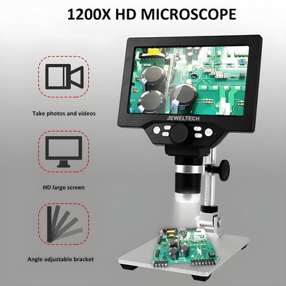 Jeweltech Digital Microscope 1-1200X Magnification with 7 Inch LCD Screen & 12MP Camera | 1080P HD Electronic Microscope for PCB Inspection, Soldering, Coins, Jewellery & Biological Observation