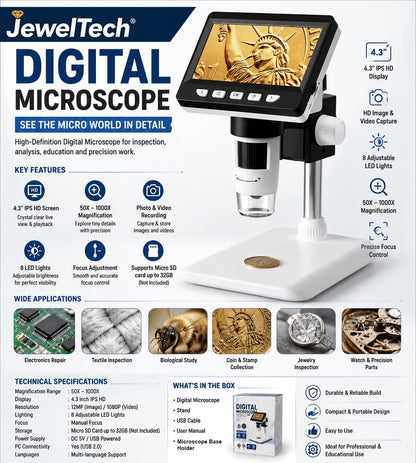 Jeweltech Digital Microscope 8LED 1080P 1000X Real Shot Rendering, Computer Microscope, Electron Biological Microscope