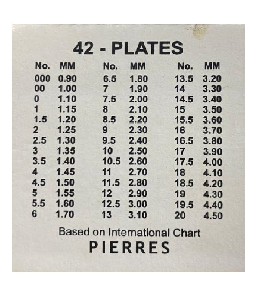 Gemstone and diamond size chart for Surya chalni 40-plate set showing hole numbers and millimeter sizes for grading use