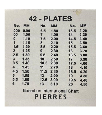 Gemstone and diamond size chart for Surya chalni 40-plate set showing hole numbers and millimeter sizes for grading use