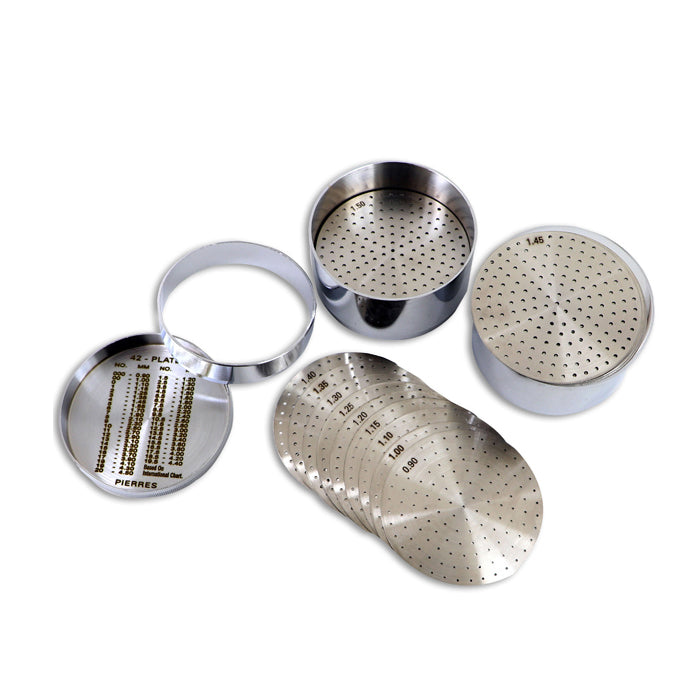 Open Surya diamond chalni set with 40 stainless steel sorting plates and ring holder for accurate gemstone grading