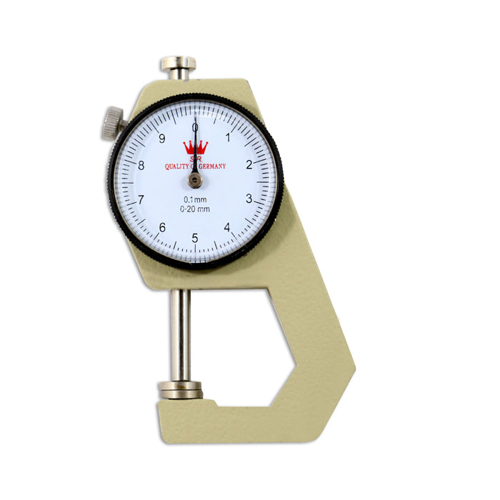 Side view of Jeweltech dial thickness gauge for accurate jewelry measurement of diamonds, gold sheets, and stone thickness