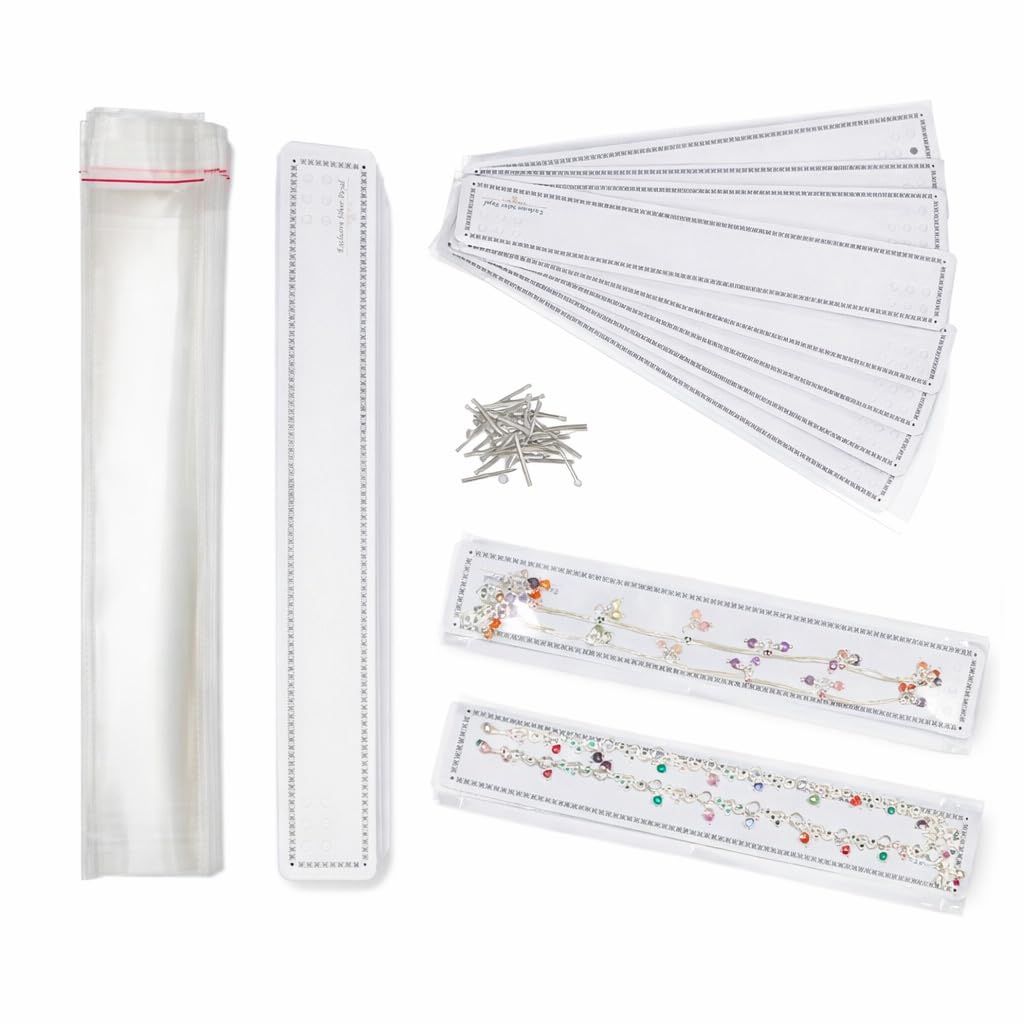 JEWELTECH Payal Anklet Packing Pouch Set – 100 Sets | 1.5" x 11.5" Clear Self-Seal Pouches + 100 Display Cards + 400 Clips | Professional Jewelry Packaging Kit for Anklets & Bracelets