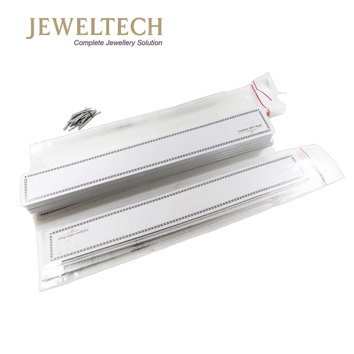 JEWELTECH Payal Anklet Packing Pouch Set – 100 Sets | 1.5" x 11.5" Clear Self-Seal Pouches + 100 Display Cards + 400 Clips | Professional Jewelry Packaging Kit for Anklets & Bracelets
