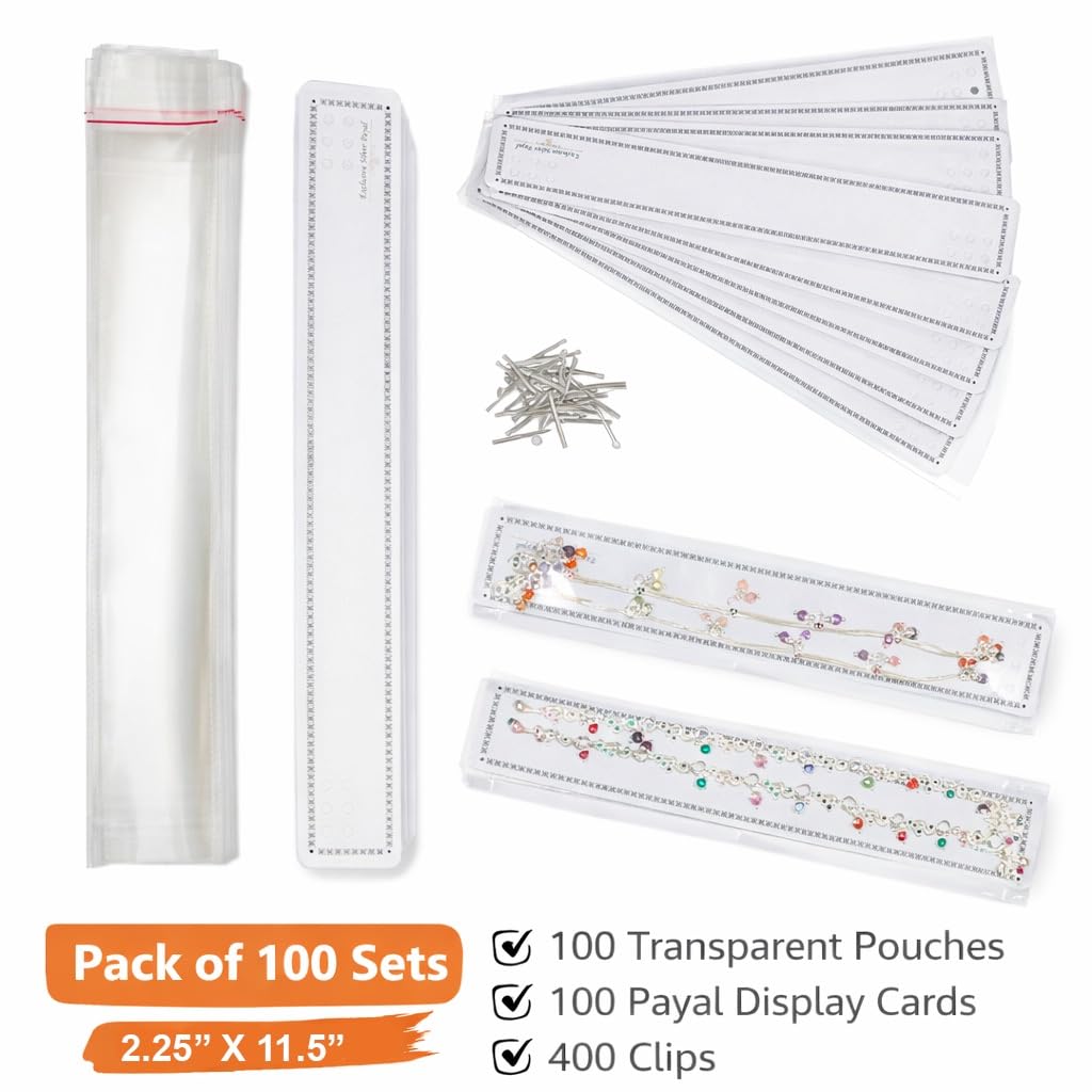 JEWELTECH Payal Anklet Packing Pouch Set – 100 Sets | 1.5" x 11.5" Clear Self-Seal Pouches + 100 Display Cards + 400 Clips | Professional Jewelry Packaging Kit for Anklets & Bracelets