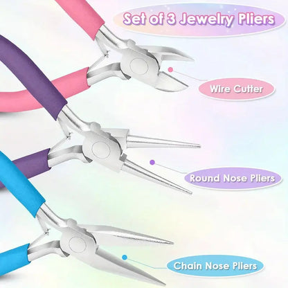 Round nose, wire cutter, and needle nose pliers with ergonomic handles