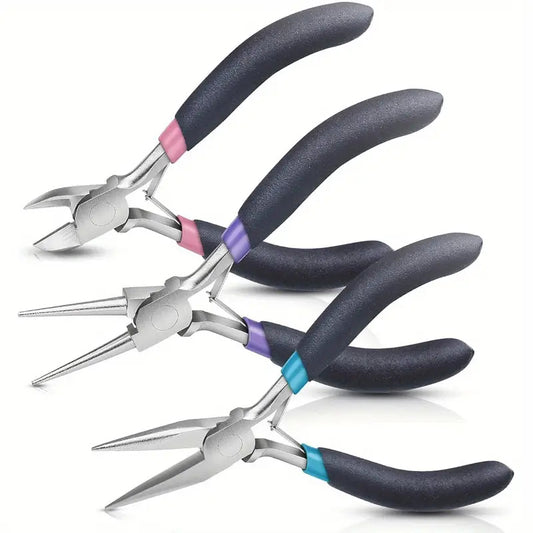  jewelry plier set including round nose, wire cutter, and needle nose