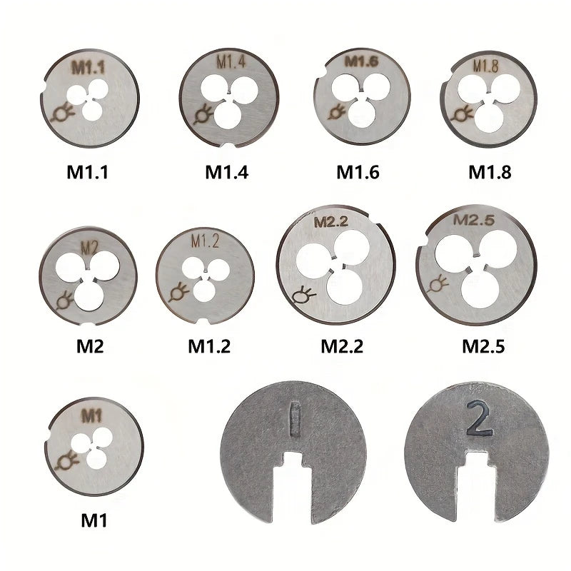 Mini round threading dies in sizes M1 to M2.5 with numbered screw plates, precision thread cutting tools for jewelry making and small mechanical work