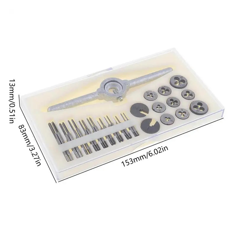 Mini tap and die set in plastic case, 31pcs screw threading kit with M1 to M2.5 taps and dies for jewelry wire and precision work