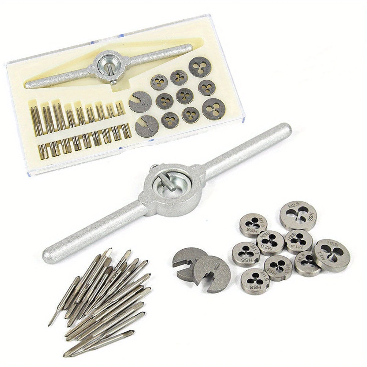 31-piece mini tap and die set for precision threading, includes M1 to M2.5 taps and dies, T-handle wrench, and storage box for jewelry making and small hardware repair