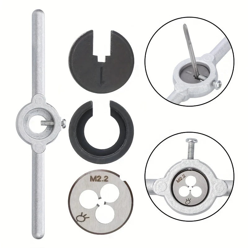 Close-up of threading die handle with split die plates and threading setup views