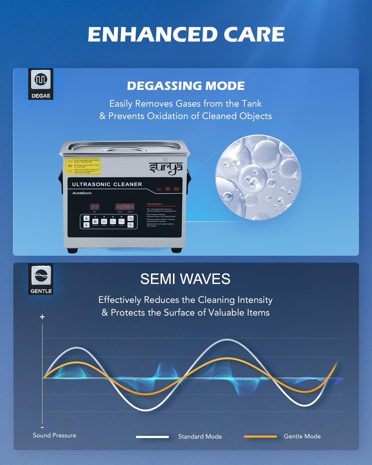 Surya Ultrasonic Machine 4L Cleaner with Auto Degas and Semi Waves Feature, Digital Timer and Heater, Professional 42kHz Retainer Denture and Jewelry Cleaner, Home Ultrasonic Cavitation Machine