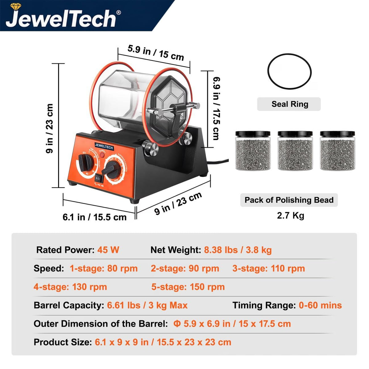 Jeweltech Jewellery Polishing Tumbler Machine 3Kg Capacity | Rotary Tumbling Machine for Cleaning, Burnishing & Polishing Gold, Silver, Artificial Jewellery, Coins & Metal Parts