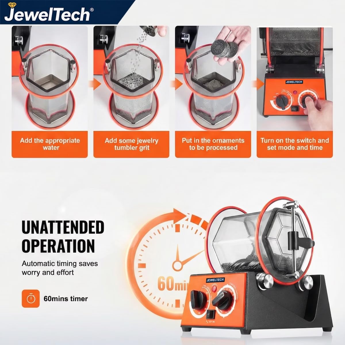 Jeweltech Jewellery Polishing Tumbler Machine 3Kg Capacity | Rotary Tumbling Machine for Cleaning, Burnishing & Polishing Gold, Silver, Artificial Jewellery, Coins & Metal Parts