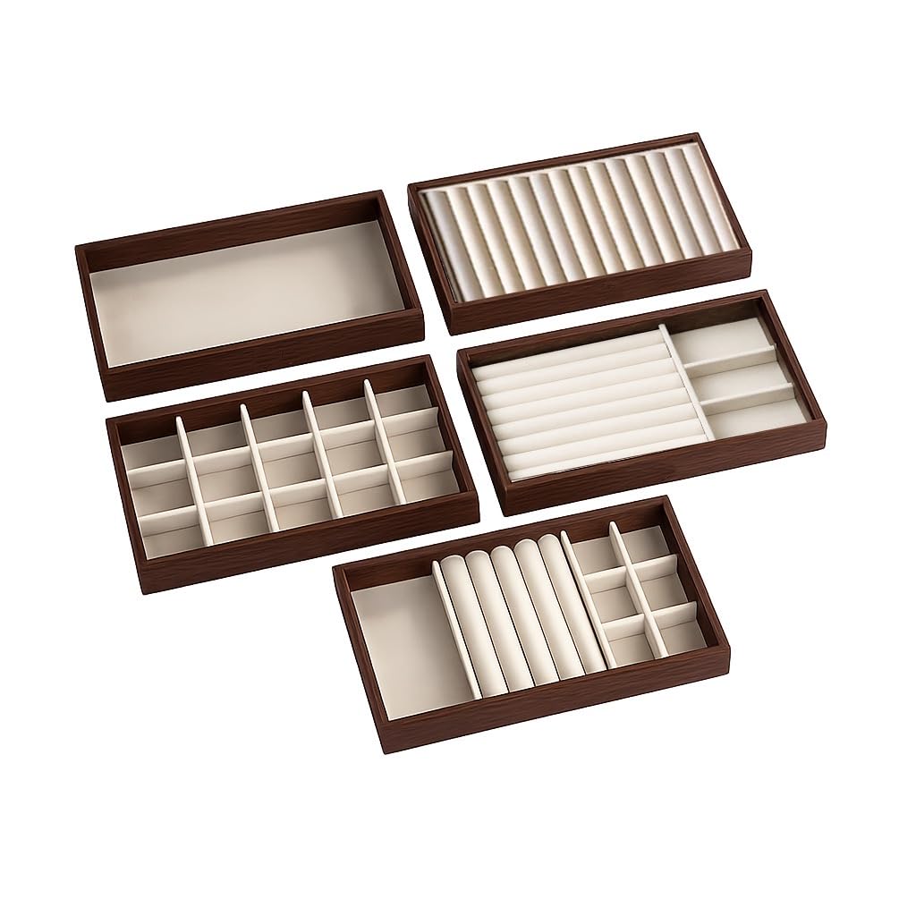 JEWELTECH Wooden Jewelry Display Tray Set of 5 Heritage Look Velvet Organizer Trays for Rings Earrings Bracelets Necklaces Watches Showcase Storage