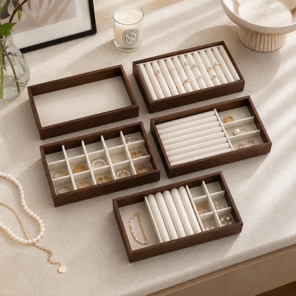 JEWELTECH Wooden Jewelry Display Tray Set of 5 Heritage Look Velvet Organizer Trays for Rings Earrings Bracelets Necklaces Watches Showcase Storage