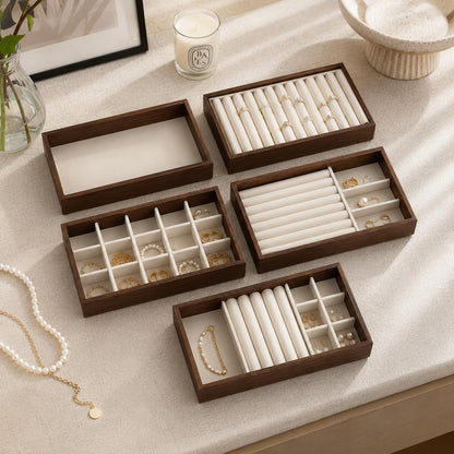 JEWELTECH Wooden Jewelry Display Tray Set of 5 Heritage Look Velvet Organizer Trays for Rings Earrings Bracelets Necklaces Watches Showcase Storage