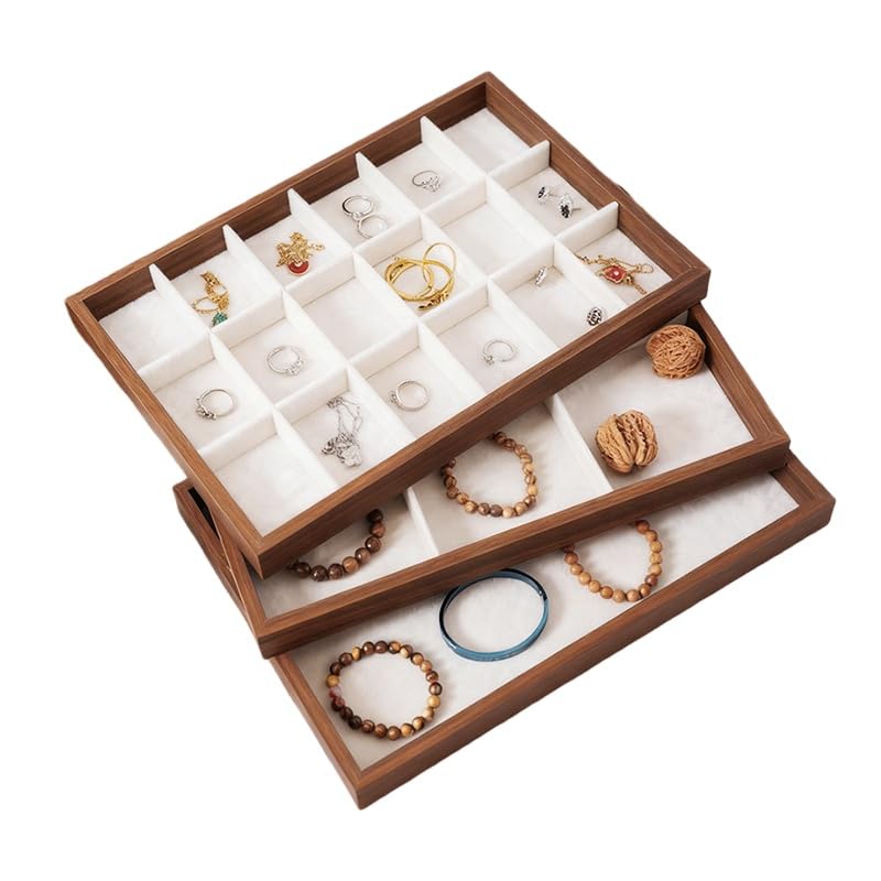 JEWELTECH Wooden Jewelry Display Tray Set of 5 Heritage Look Velvet Organizer Trays for Rings Earrings Bracelets Necklaces Watches Showcase Storage