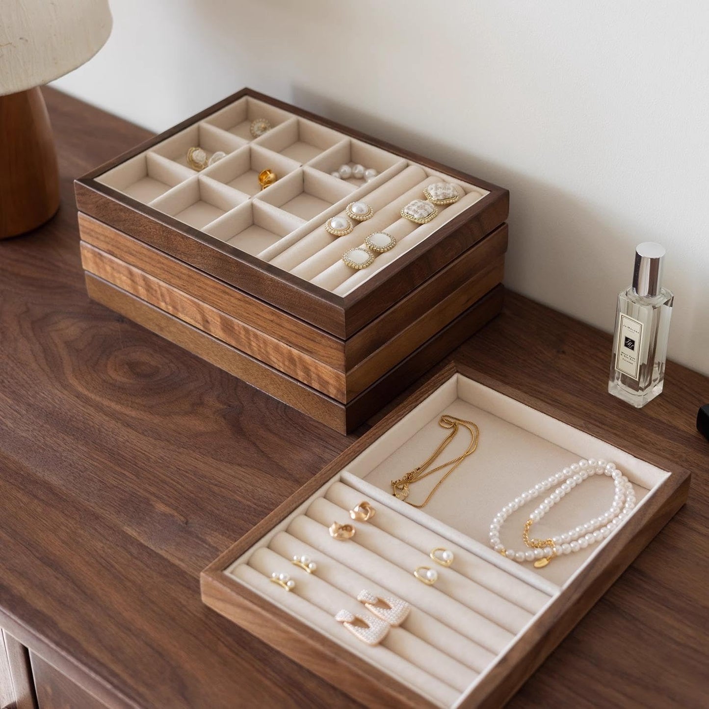 JEWELTECH Wooden Jewelry Display Tray Set of 5 Heritage Look Velvet Organizer Trays for Rings Earrings Bracelets Necklaces Watches Showcase Storage
