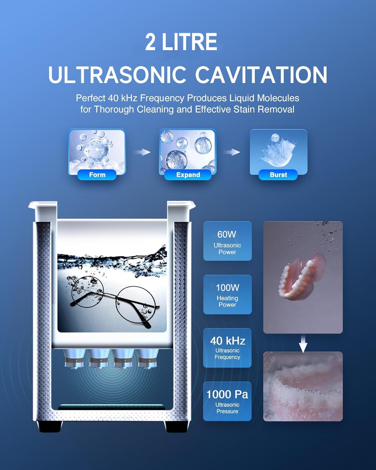 Surya Ultrasonic Machine 1.3L Cleaner with Auto Digital Timer and Heater, Professional 42kHz Retainer Denture and Jewelry Cleaner, Home Ultrasonic Cavitation Machine for Glasses Watches