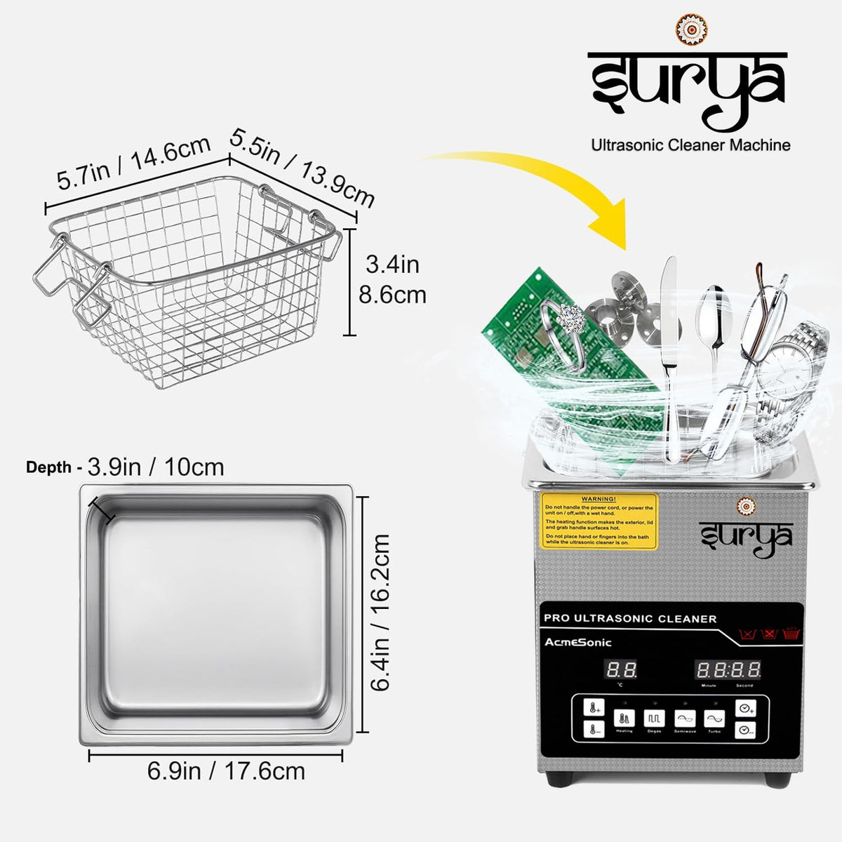 Surya Ultrasonic Machine 1.3L Cleaner with Auto Digital Timer and Heater, Professional 42kHz Retainer Denture and Jewelry Cleaner, Home Ultrasonic Cavitation Machine for Glasses Watches