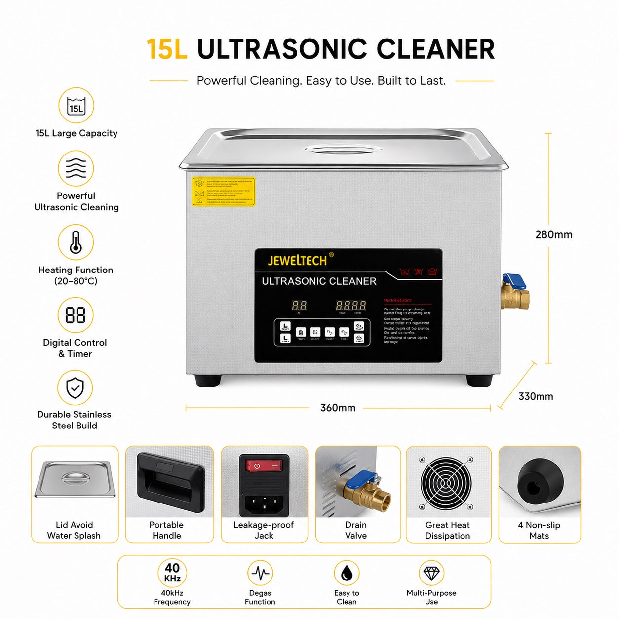 JEWELTECH 15L Ultrasonic Cleaner with Heater and Timer, 360W Stainless Steel Ultrasonic Cleaner Machine with Degas & Gentle Modes, Ultrasonic Parts Cleaner with Knob Control