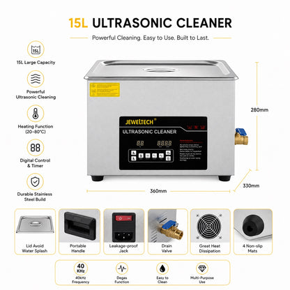 JEWELTECH 15L Ultrasonic Cleaner with Heater and Timer, 360W Stainless Steel Ultrasonic Cleaner Machine with Degas & Gentle Modes, Ultrasonic Parts Cleaner with Knob Control