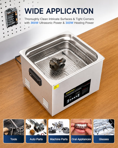 JEWELTECH 15L Ultrasonic Cleaner with Heater and Timer, 360W Stainless Steel Ultrasonic Cleaner Machine with Degas & Gentle Modes, Ultrasonic Parts Cleaner with Knob Control