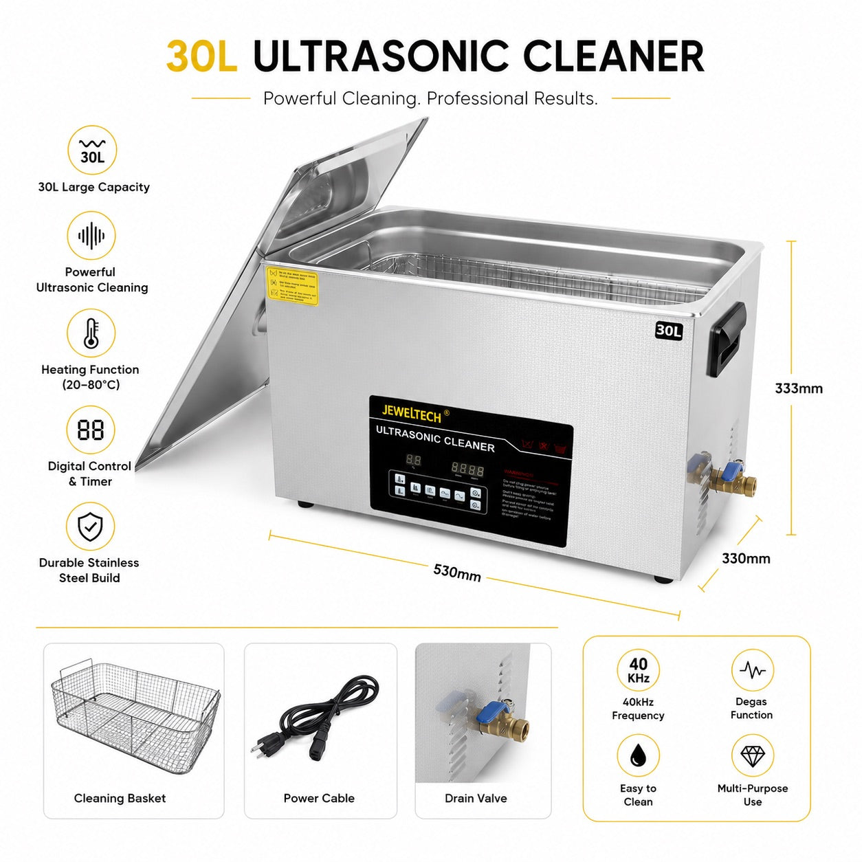 JEWELTECH 30L Ultrasonic Cleaner with Heater and Timer, 600W Stainless Steel Ultrasonic Cleaner Machine with Degas & Gentle Modes, Ultrasonic Parts Cleaner with Knob Control