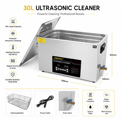 JEWELTECH 30L Ultrasonic Cleaner with Heater and Timer, 600W Stainless Steel Ultrasonic Cleaner Machine with Degas & Gentle Modes, Ultrasonic Parts Cleaner with Knob Control
