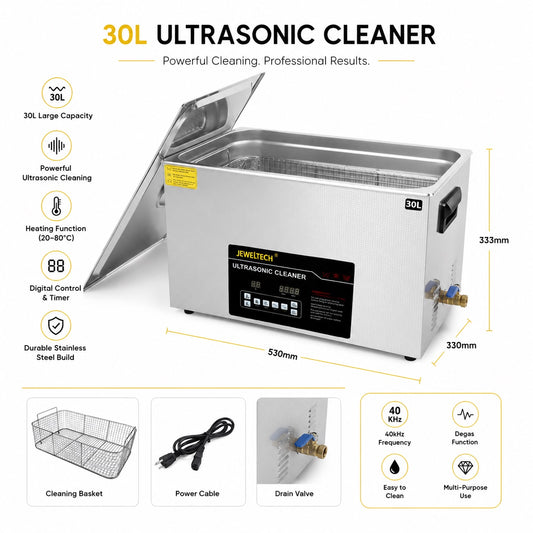 JEWELTECH 30L Ultrasonic Cleaner with Heater and Timer, 600W Stainless Steel Ultrasonic Cleaner Machine with Degas & Gentle Modes, Ultrasonic Parts Cleaner with Knob Control